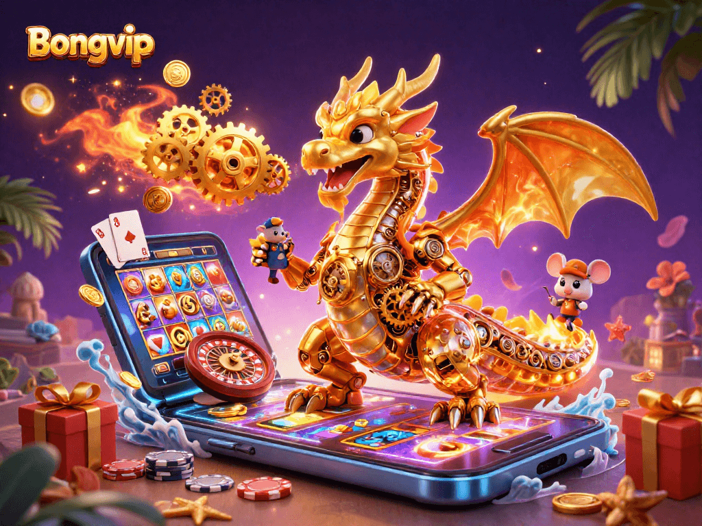 Experience exciting wins with Bongvip's animated golden dragon amidst fun gambling elements.