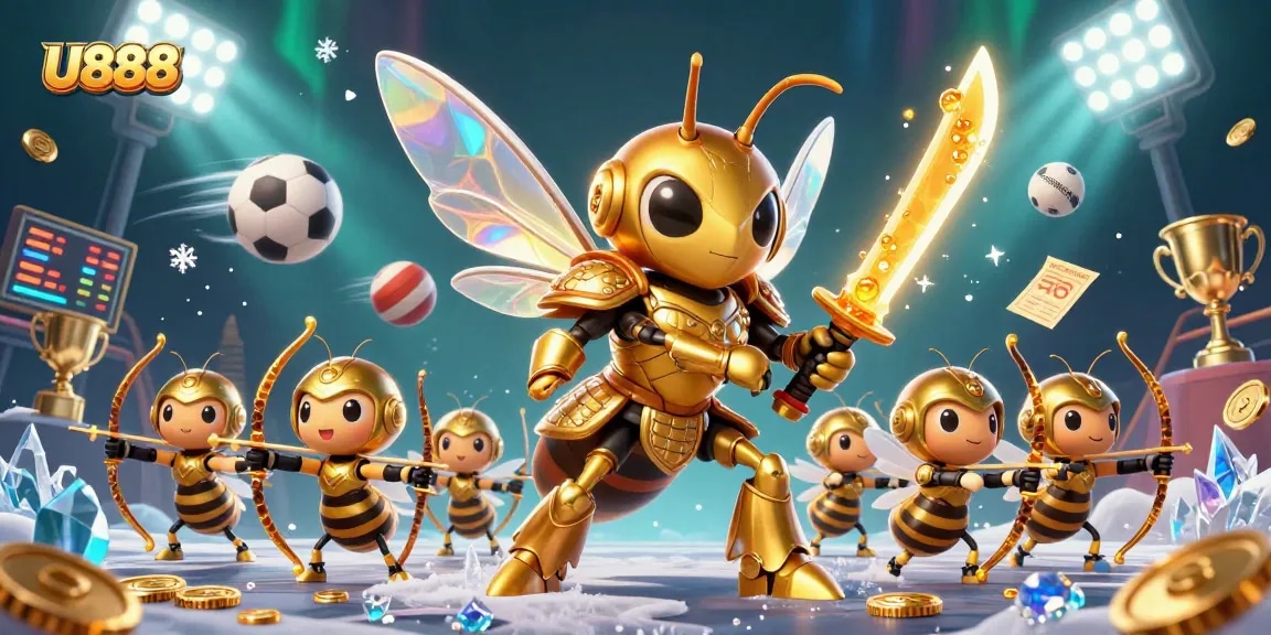 Experience U888's vibrant gaming scene with a cartoon hornet surrounded by dazzling sports elements.