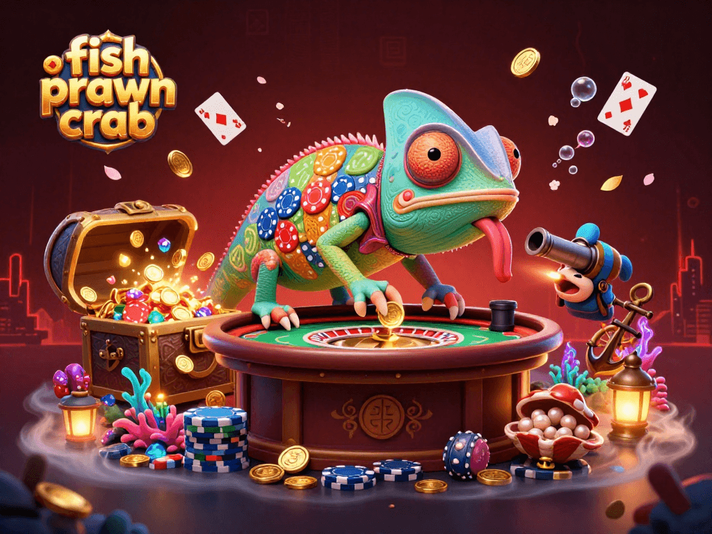 Engage with the fish prawn crab game featuring an enormous chameleon casino owner, vibrant underwater treasure.