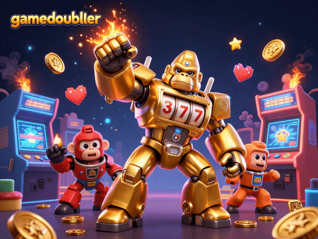 Experience thrilling gameplay at gamedoubler with dynamic golden gorilla mech and vibrant casino elements.
