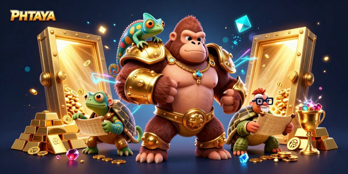 PHTAYA offers an exciting 3D casino experience with a powerful gorilla, chameleon spy, and wise tortoise among riches.