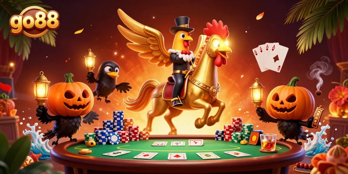Join the captivating go88 casino scene where a golden rooster and spectral horse bring the thrill of winning alive.
