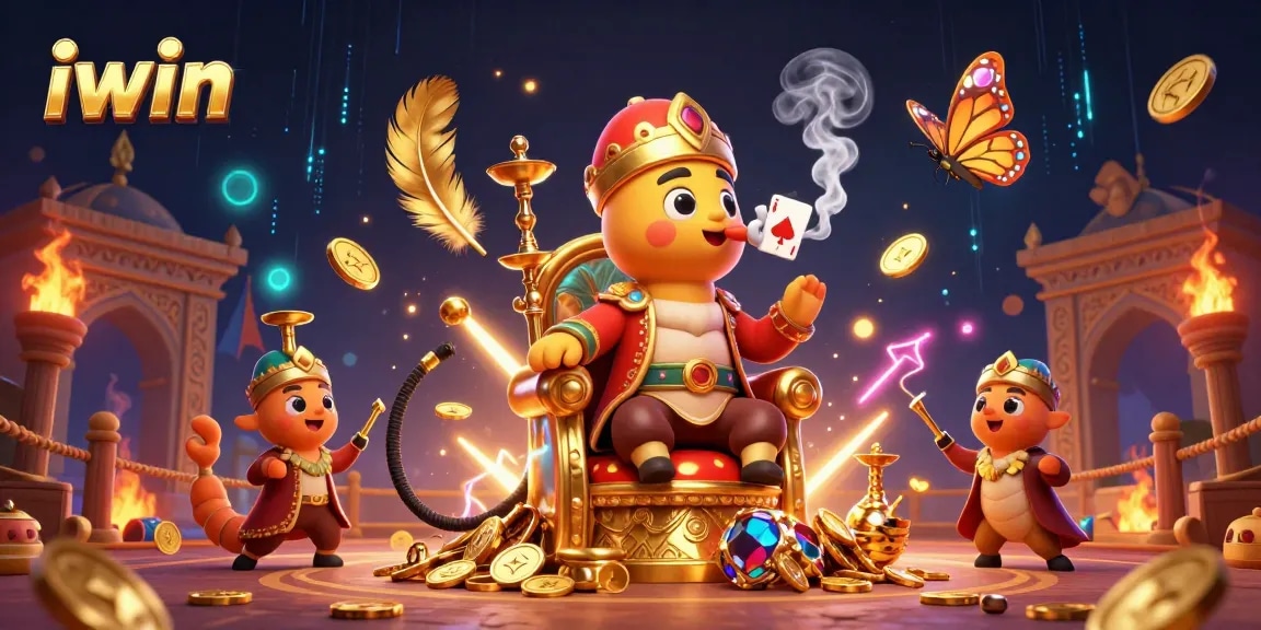 Experience iwin's vibrant casino scene with a smoking caterpillar master and golden coins.