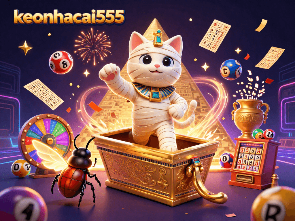 Engage with keonhacai555 through a vibrant scene with an Egyptian mummy cat and dynamic lottery elements.