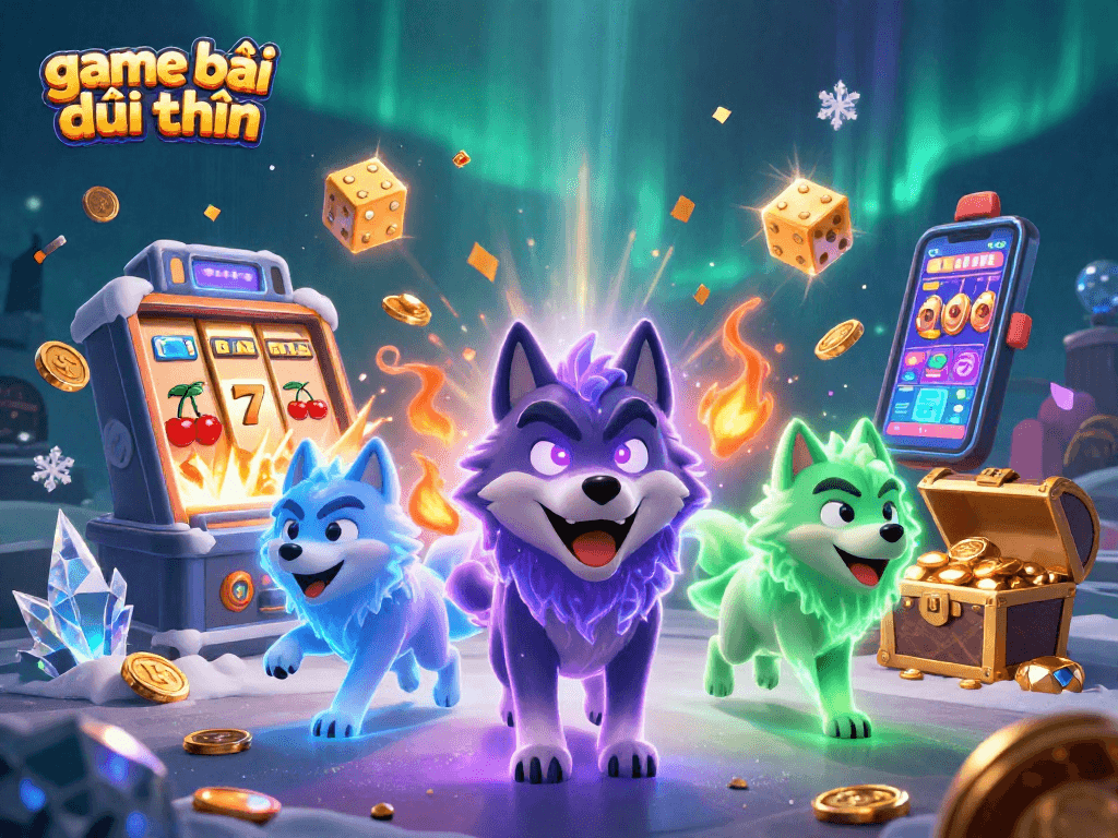 Experience game bài đổi thưởng with a vibrant 3D illustration of wolves and casino elements.