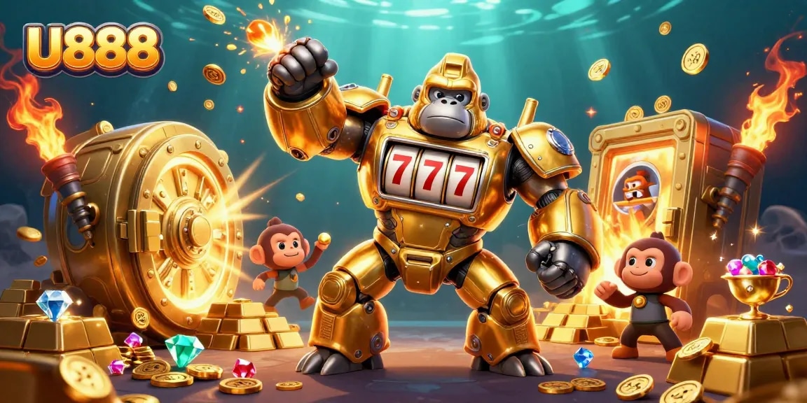 Experience the excitement of U888 with the golden gorilla mech amid treasure and slot elements.