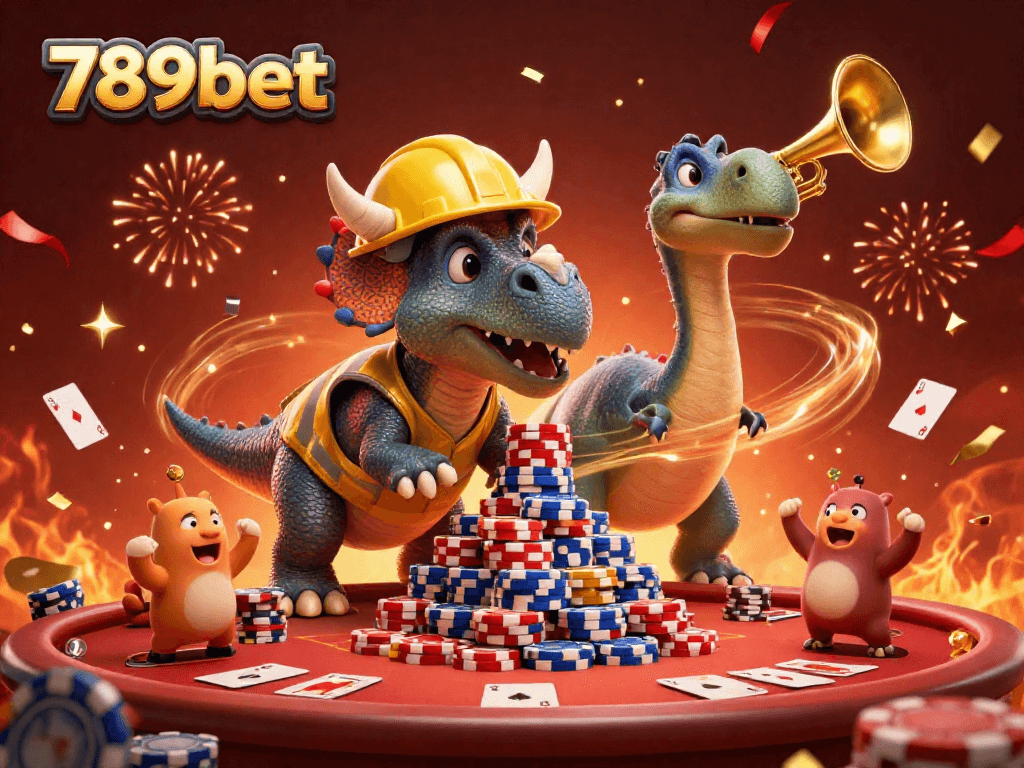 Join the fun at 789bet where a triceratops celebrates big wins with poker chips and vibrant decorations.