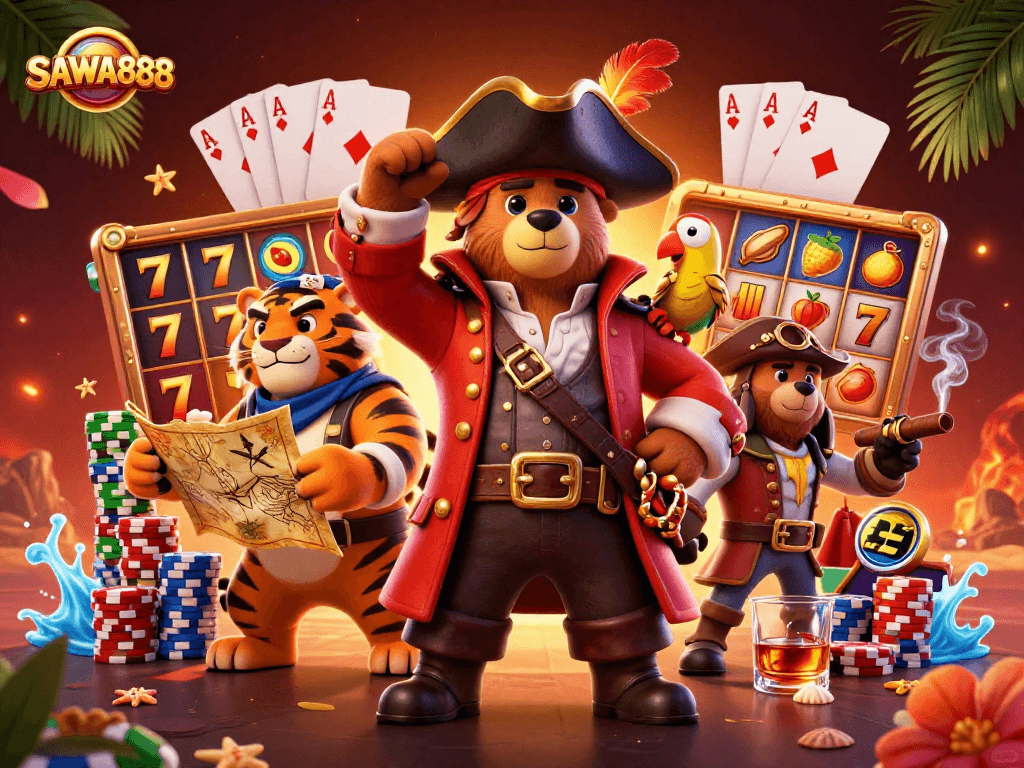 Experience the thrill of SAWA888 with vibrant slot games and dynamic characters in a casino adventure.