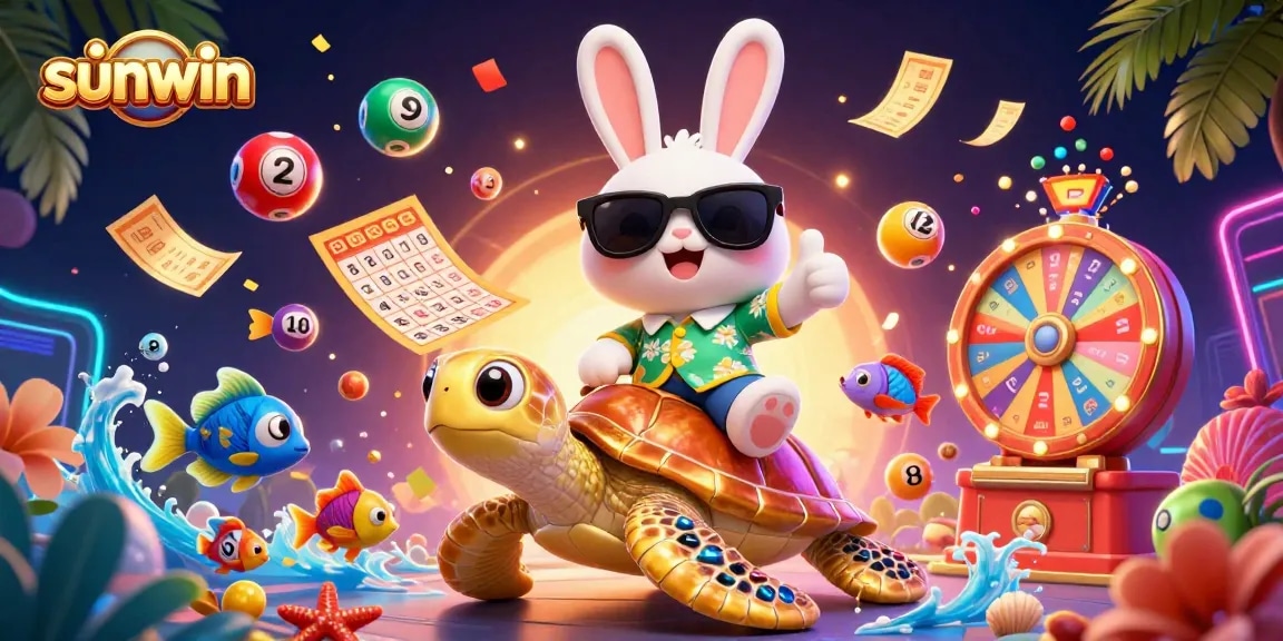 Experience the thrill of lottery gaming with sunwin's dynamic lucky rabbit and golden turtle illustration.