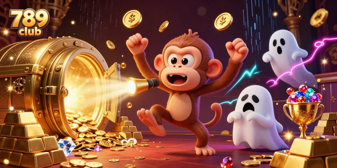 A mischievous monkey juggles golden objects in a vibrant 789 club casino, attracting curious attention.