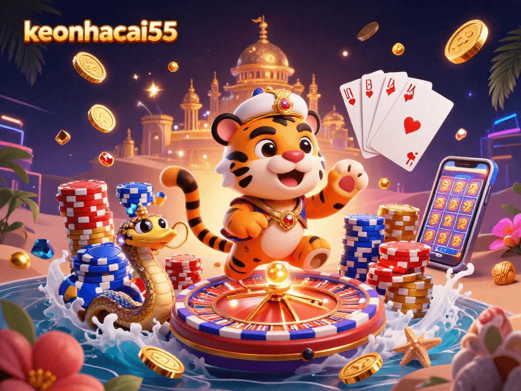 Engage in excitement with keonhacai55's vibrant casino scene featuring a tiger sultan and sparkling treasures.