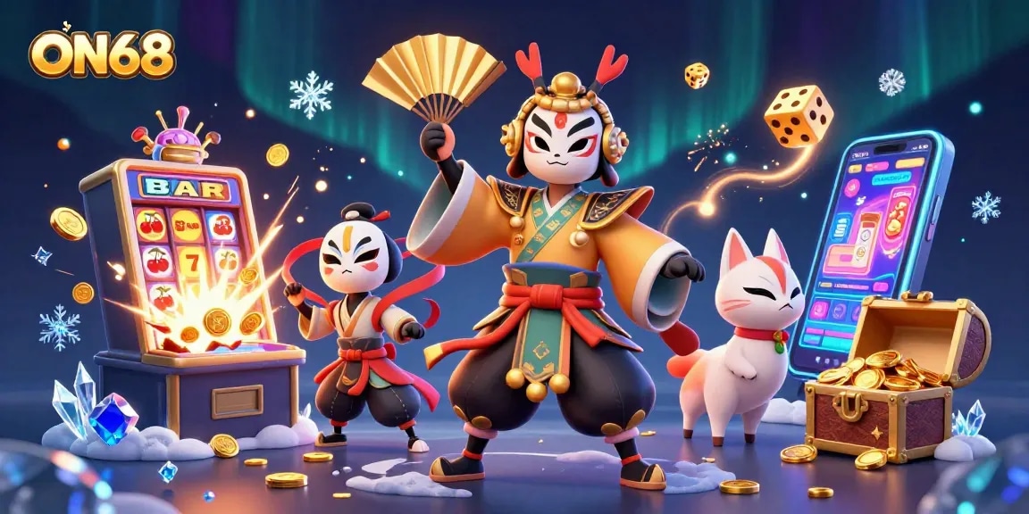 Experience ON68 with a dynamic gaming scene featuring kabuki warriors, slot machines, and vibrant casino elements.