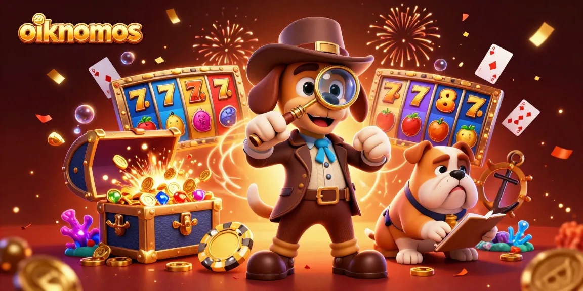oikonomos attracts players with a captivating scene of a dog detective and treasure clues