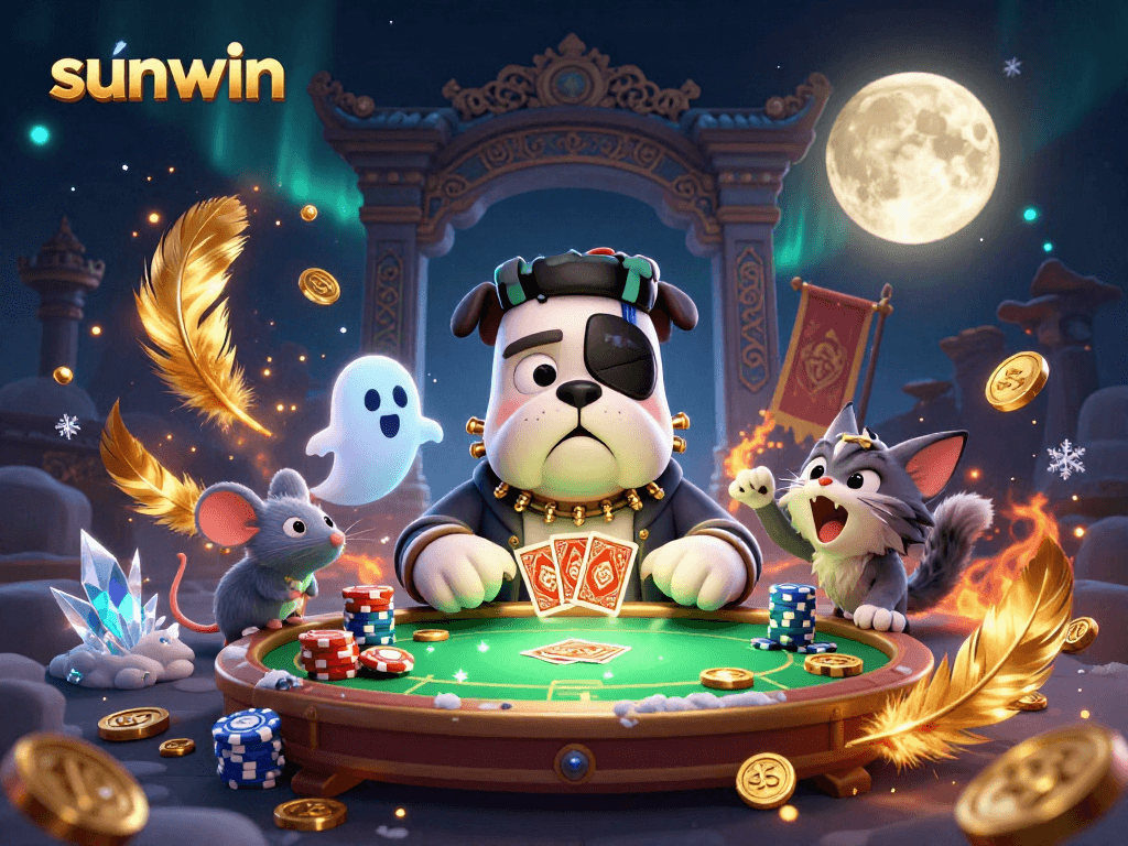 Experience thrilling action at sunwin with a Frankenstein bulldog dealing cards amidst gold coins.