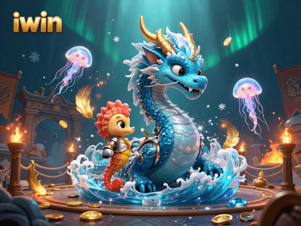Win big at iwin with an enchanting dragon, sea knight, and jellyfish in a vibrant casino scene.