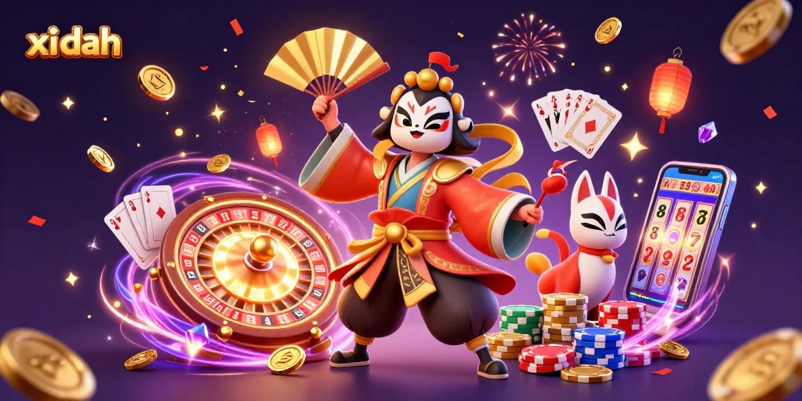 xì dách game featuring a kabuki warrior and kitsune mask amidst flying coins and cards