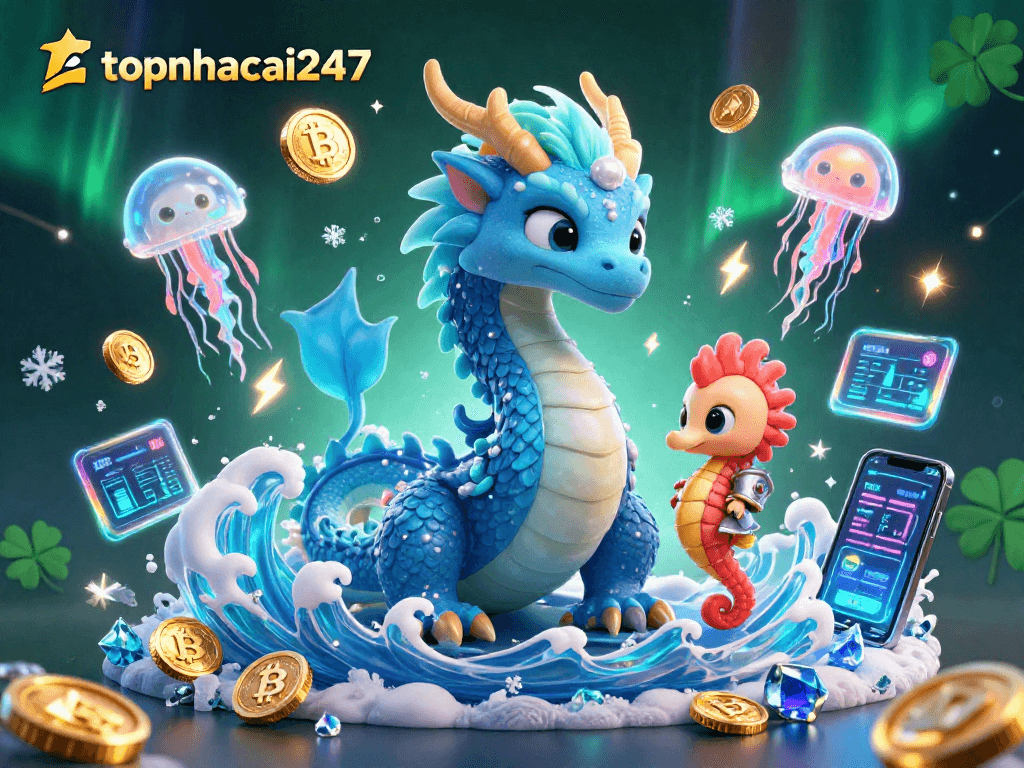 Engage with the thrilling world of topnhacai247's coin flip game, surrounded by imaginative crypto-themed elements.