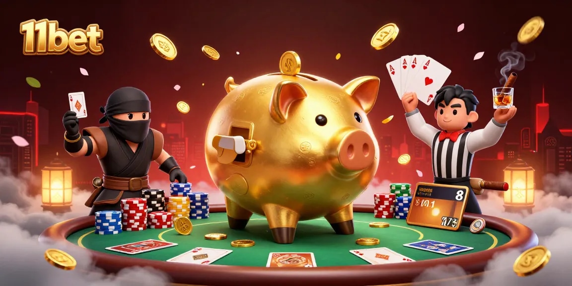 Experience the excitement of 11bet with a golden piggy bank sumo wrestler and a wallet-ninja in a dynamic casino scene.