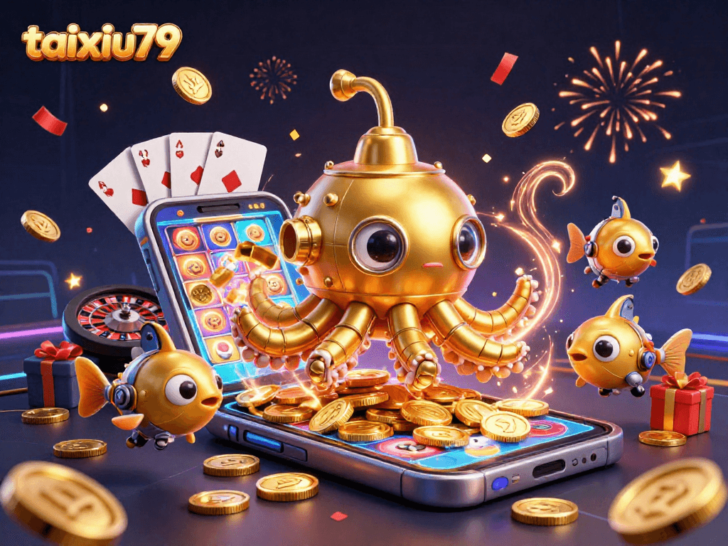 Cast your bets with taixiu79 as the golden kraken submarine emerges, surrounded by vibrant casino elements.