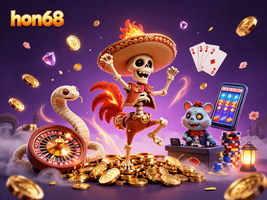 Experience the thrill of hon68 with a dynamic casino scene featuring dancing characters and exciting game elements.