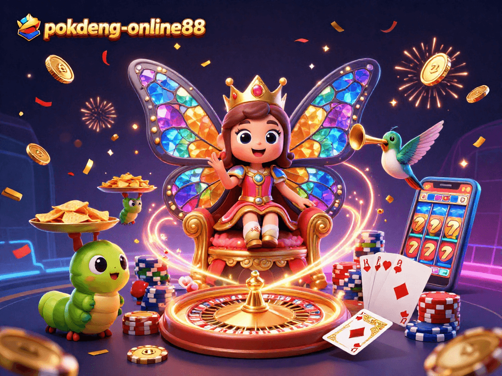 Engage with the vibrant action of pokdeng-online88 featuring a butterfly queen amidst casino excitement.