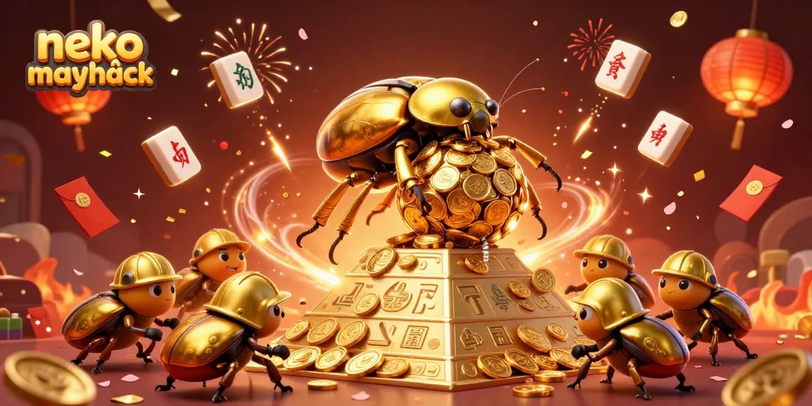 Experience the thrill of neko may mắn as golden dung beetles and rich casino elements collide in a vibrant celebration.