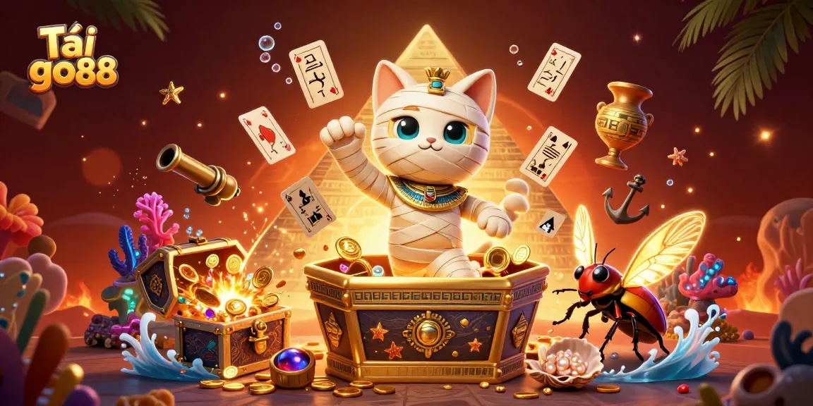 Play games at Tải go88 with a vibrant casino scene featuring 3D characters and floating treasures.