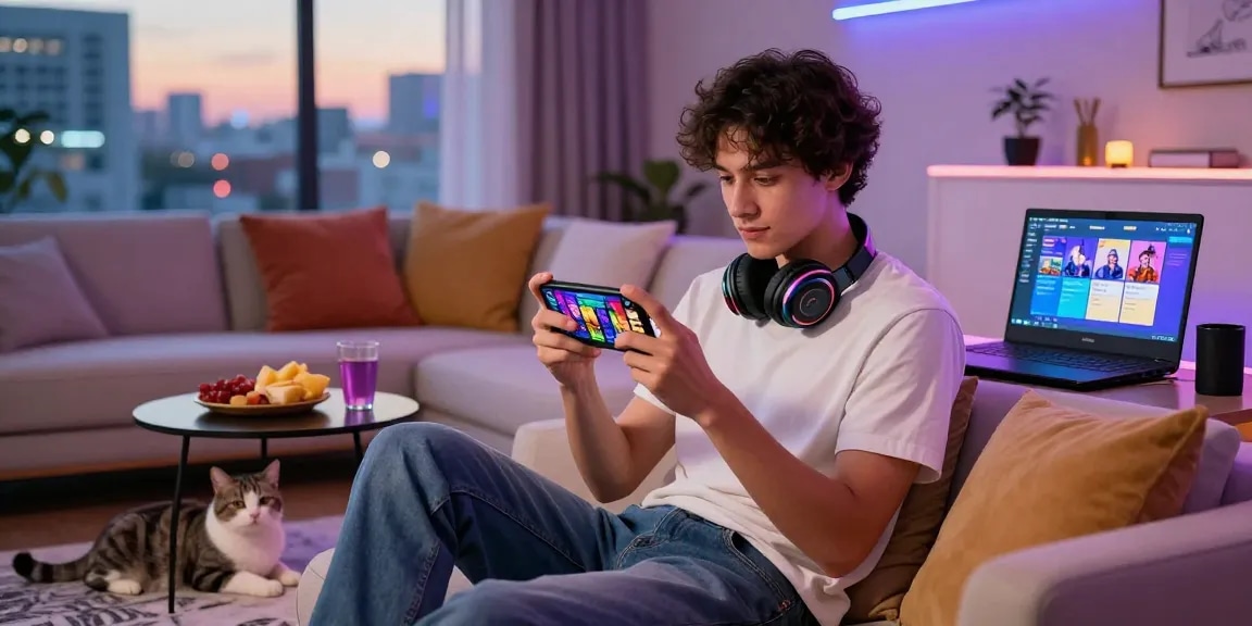 Engaged player enjoying mobile porn games in a stylish urban living space during twilight.