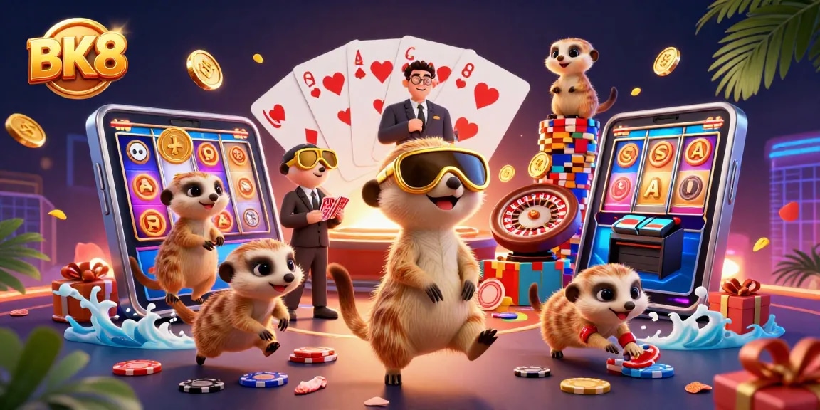Enjoy an exciting BK8 casino experience with meerkats leading a vibrant gaming scene filled with action.