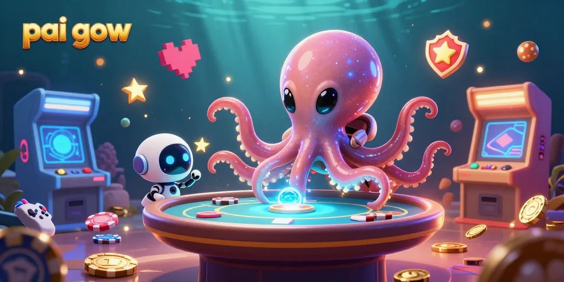 Pai Gow alien octopus at a holographic poker table with floating casino elements, showcasing intergalactic gaming.