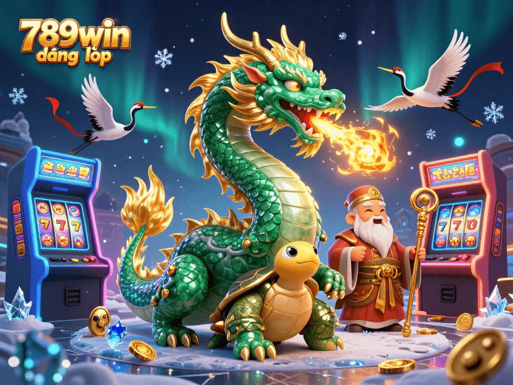 Win with 789win đăng nhập featuring a jade dragon, turtle sage, and lucky cranes in a vibrant casino scene.