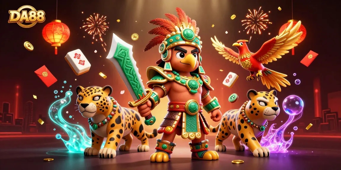 Experience thrilling gameplay at DA88 with Aztec warriors and festive symbols in a dynamic casino scene.