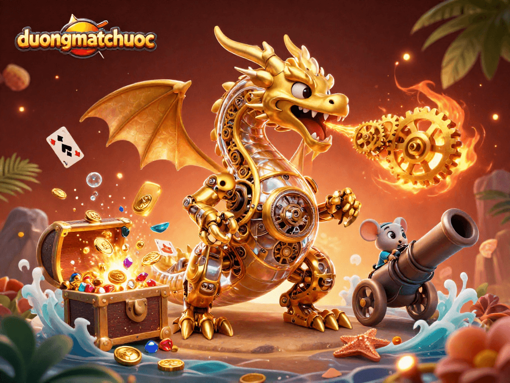 Experience the thrill of duongmatchuoc with a dynamic golden dragon and treasures bursting in action.