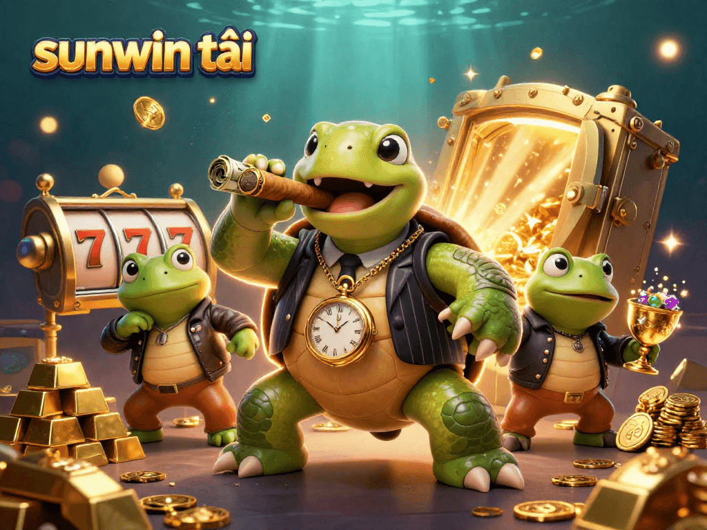 Experience sunwin tải excitement with a dynamic 3D illustration of a snapping turtle and bullfrog enforcers surrounded by slot elements.