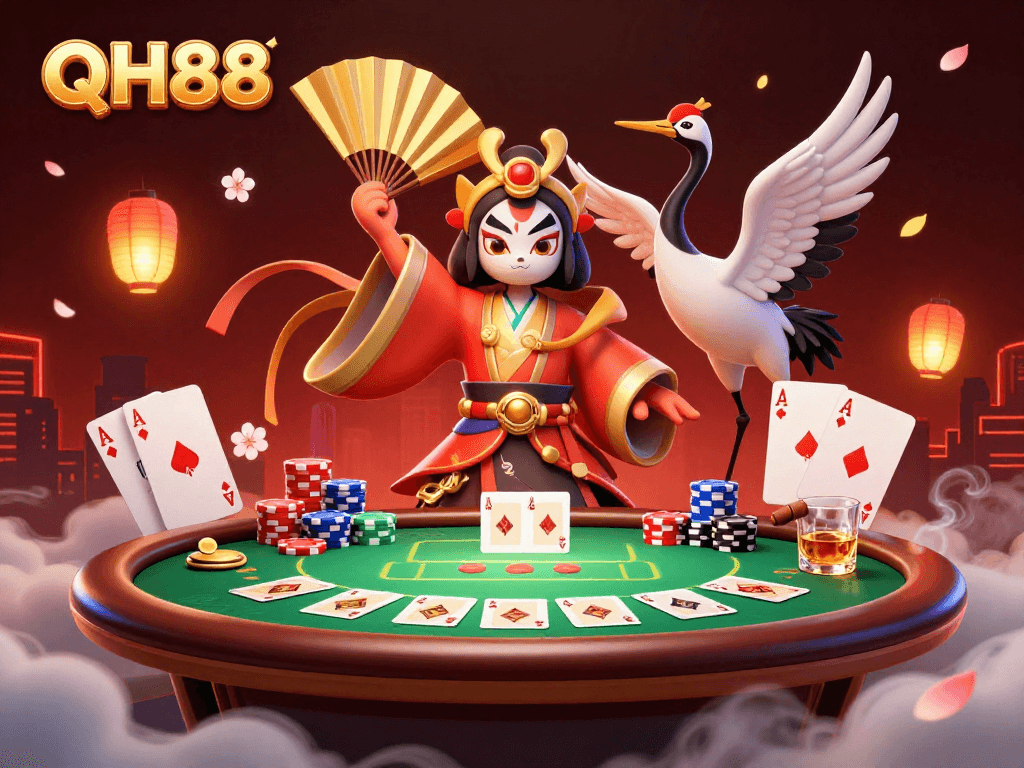 Experience thrilling casino action with QH88, a vibrant digital scene featuring a colorful kabuki warrior and poker elements.