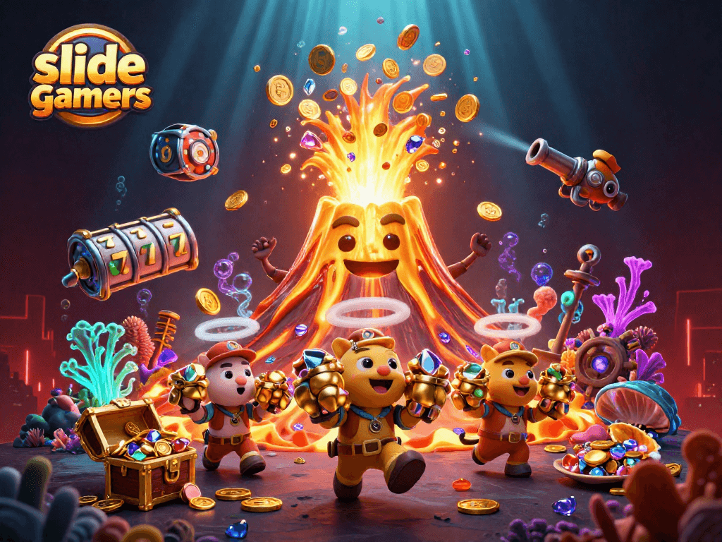 Win big with slidegamers as playful volcanic characters erupt treasures, showcasing thrilling casino excitement.