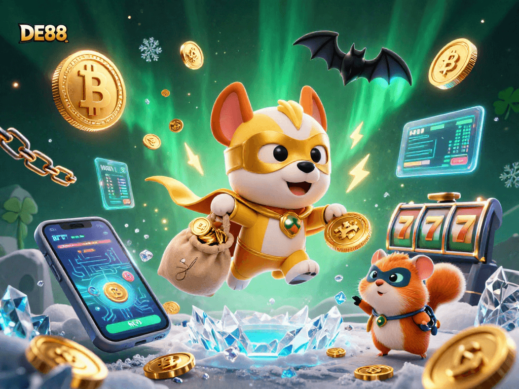 DE88 casino adventure with a flying superhero dog and vibrant gaming elements.