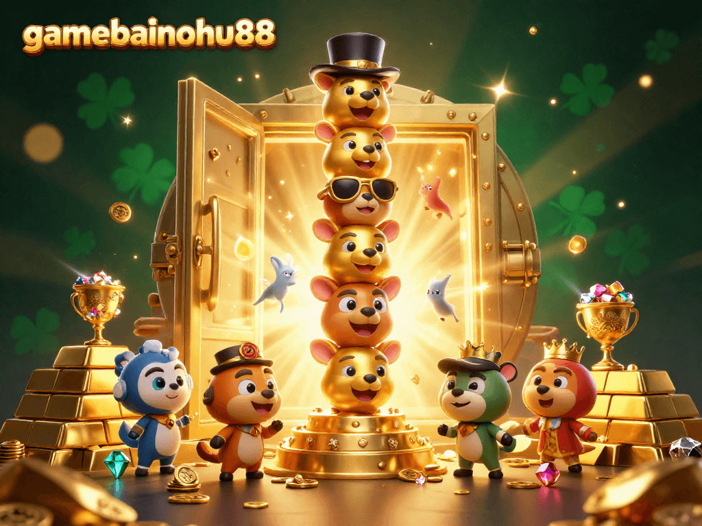 Experience thrilling wins in gamebainohu88 with dazzling treasures and rich rewards surrounded by whimsical characters.