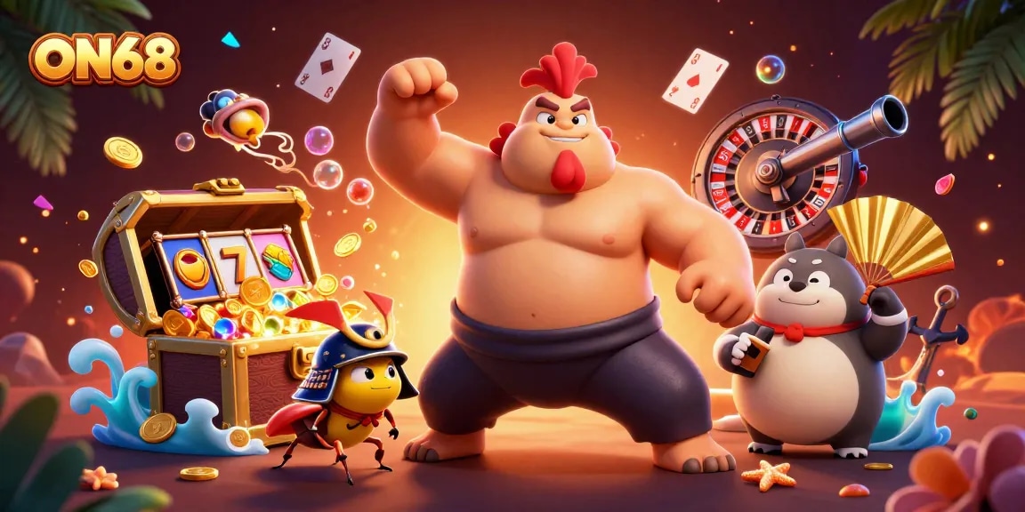Join the action at ON68 with a powerful sumo rooster and samurai cricket amidst thrilling casino elements.
