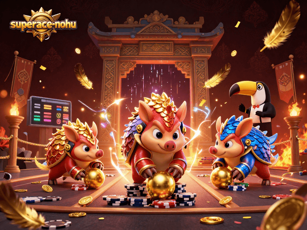 Engage with superace-nohu as rival pangolins compete amidst poker chips and vibrant casino elements.