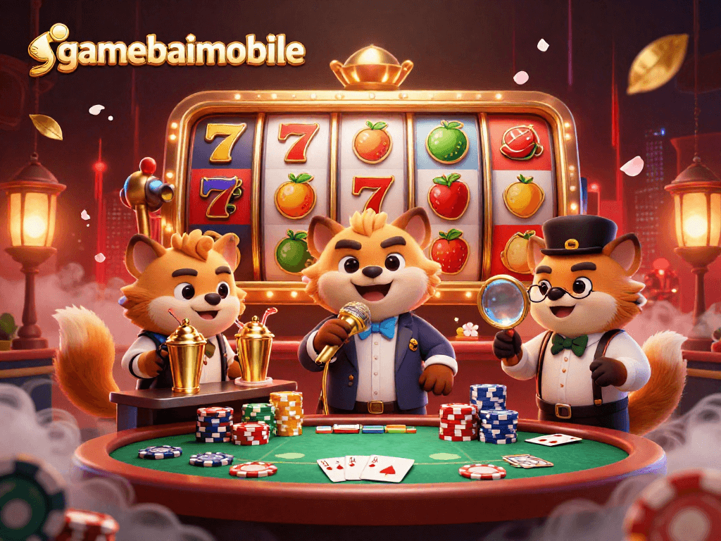 Experience the vibrant energy of gamebaimobile's casino with hyena characters in a dynamic comedy club.