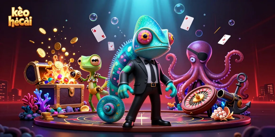 Engage with kèo nhà cái through an exciting scene featuring a chameleon secret agent, a tech gecko, and casino elements.