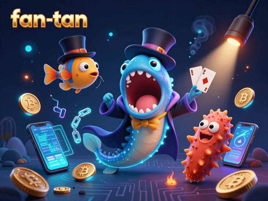 Engage in fan-tan with a magical illustration of whimsical sea creatures performing card tricks surrounded by crypto symbols.
