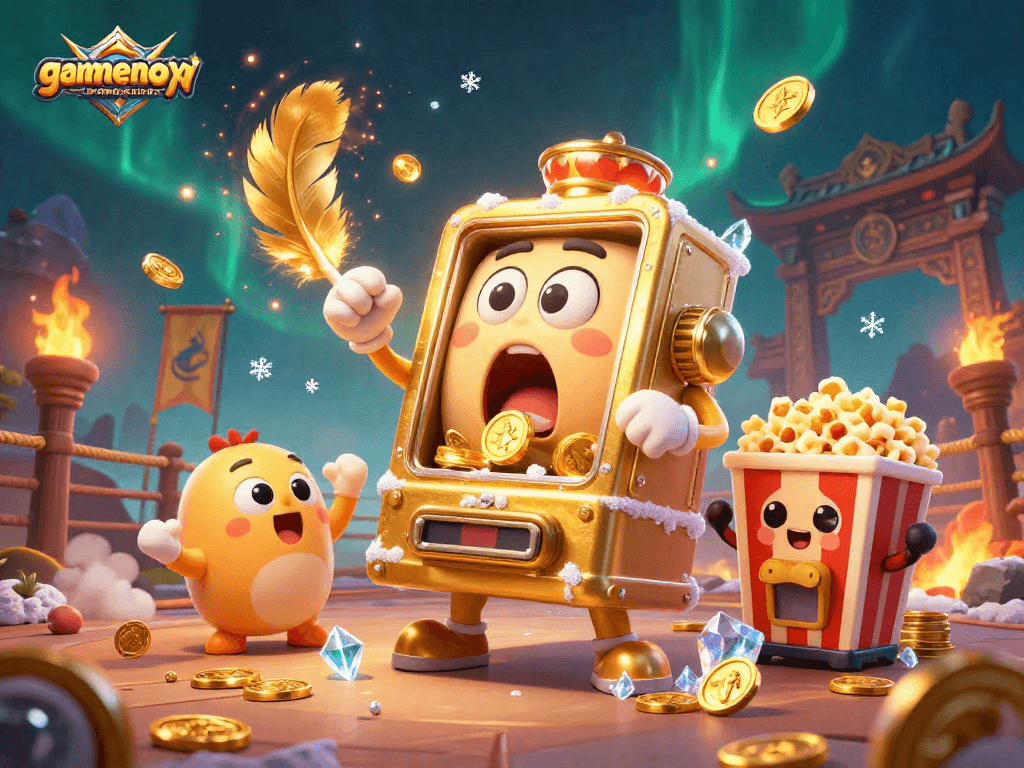 Experience the excitement of gamenongtraivuive as a golden slot machine hits a jackpot amidst cheering companions.