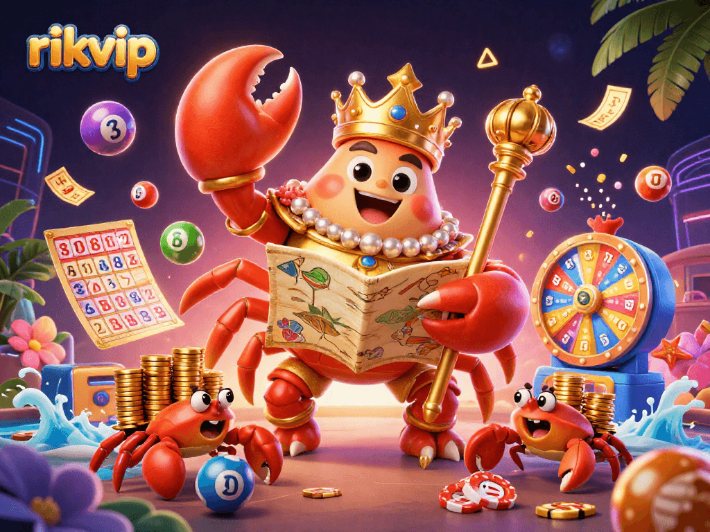 Experience the excitement of rikvip as the golden crab emperor and treasure map come to life in a vibrant casino scene.