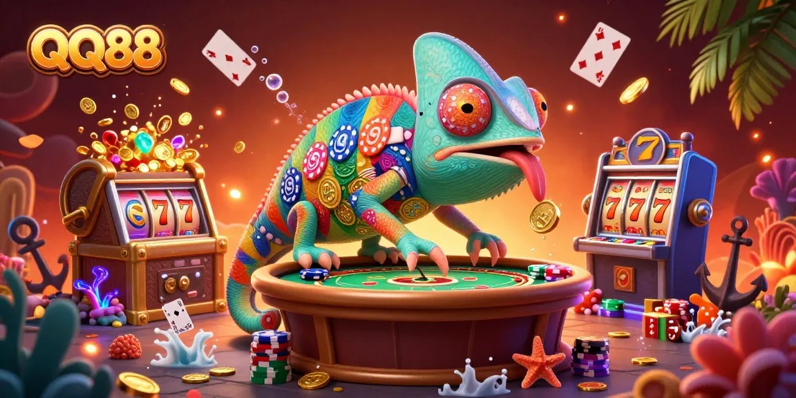 Engage in epic wins with QQ88 at an ultra-detailed casino adventure scene featuring a chameleon casino owner.