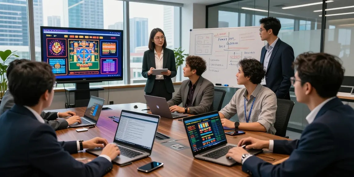 Team discussing white label casino pbn links in a modern office setting.