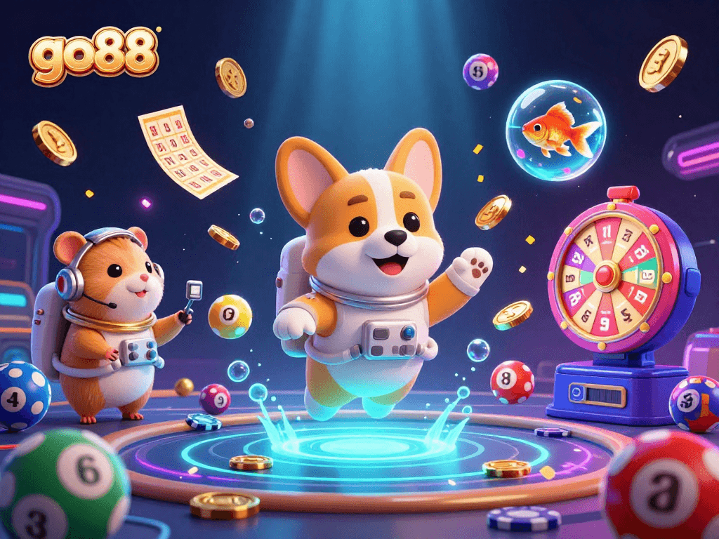 Explore the engaging scene with go88's vibrant lottery elements and charming 3D characters.