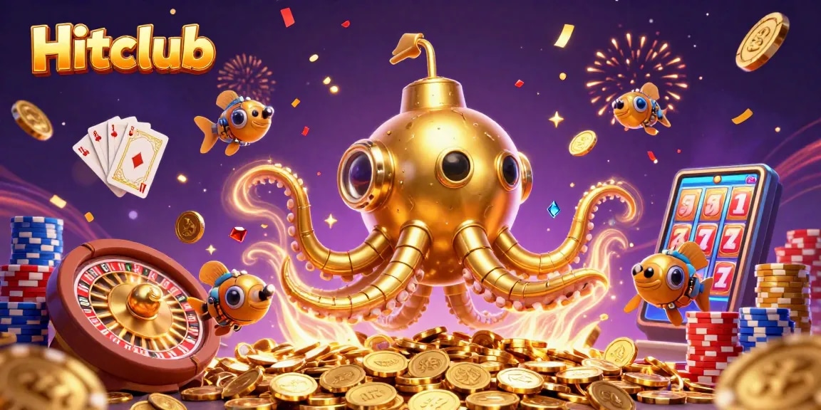 Join Hitclub's thrilling experience with a golden kraken submarine and vibrant casino elements.