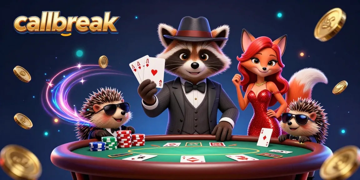 Play callbreak while witnessing a raccoon champion holding a royal flush surrounded by poker elements.